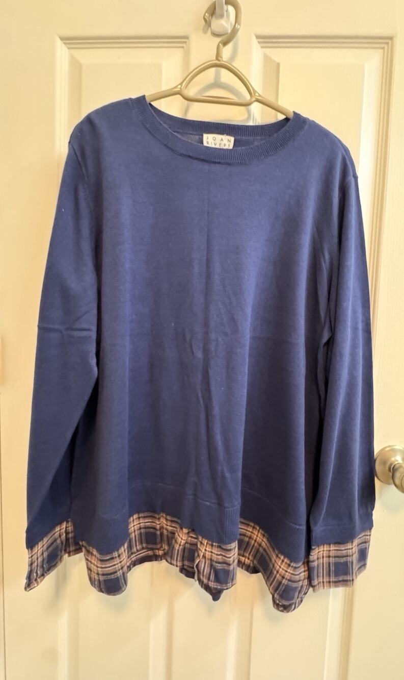 Joan Rivers XL Pullover Sweater Flannel Hem Blue Round Neck Long Sleeve